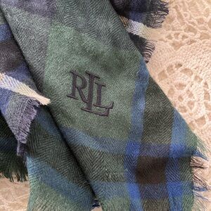 Ralph Lauren Navy and Green Large Plaid Fringed Scarf